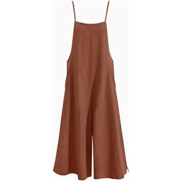 Women Loose Long Bib Pants Wide Leg Jumpsuits Brown - Picture 5 of 5